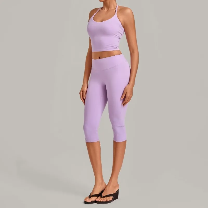 Conjuntos de entrenamiento de 2 piezas para mujer: camisetas deportivas para correr y leggings de cintura alta de 3/4 de largo para yoga (FGB2712+4665)
