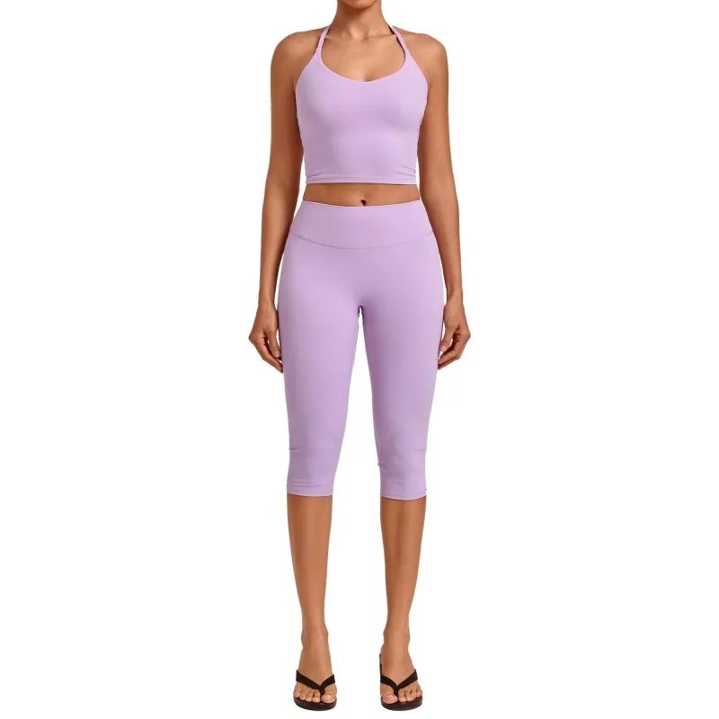 Conjuntos de entrenamiento de 2 piezas para mujer: camisetas deportivas para correr y leggings de cintura alta de 3/4 de largo para yoga (FGB2712+4665)