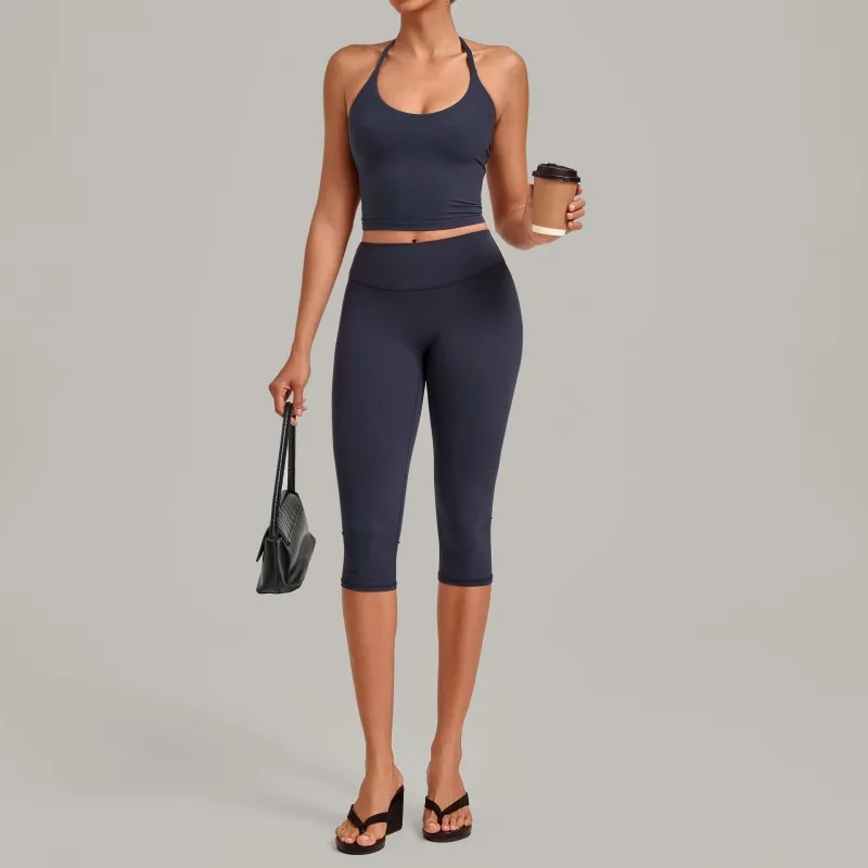 Conjuntos de entrenamiento de 2 piezas para mujer: camisetas deportivas para correr y leggings de cintura alta de 3/4 de largo para yoga (FGB2712+4665)