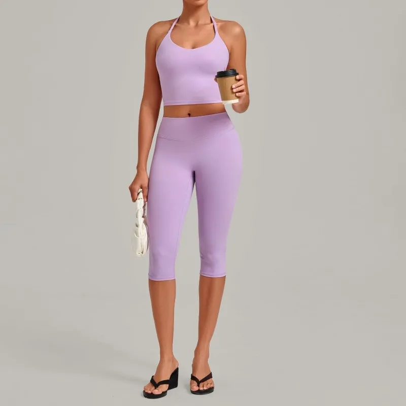 Conjuntos de entrenamiento de 2 piezas para mujer: camisetas deportivas para correr y leggings de cintura alta de 3/4 de largo para yoga (FGB2712+4665)
