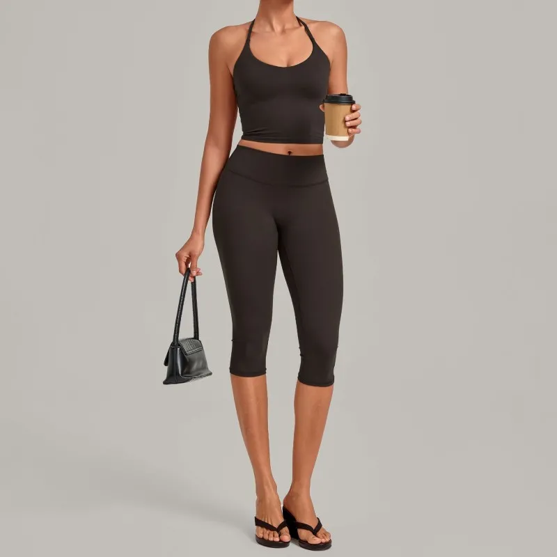 Conjuntos de entrenamiento de 2 piezas para mujer: camisetas deportivas para correr y leggings de cintura alta de 3/4 de largo para yoga (FGB2712+4665)