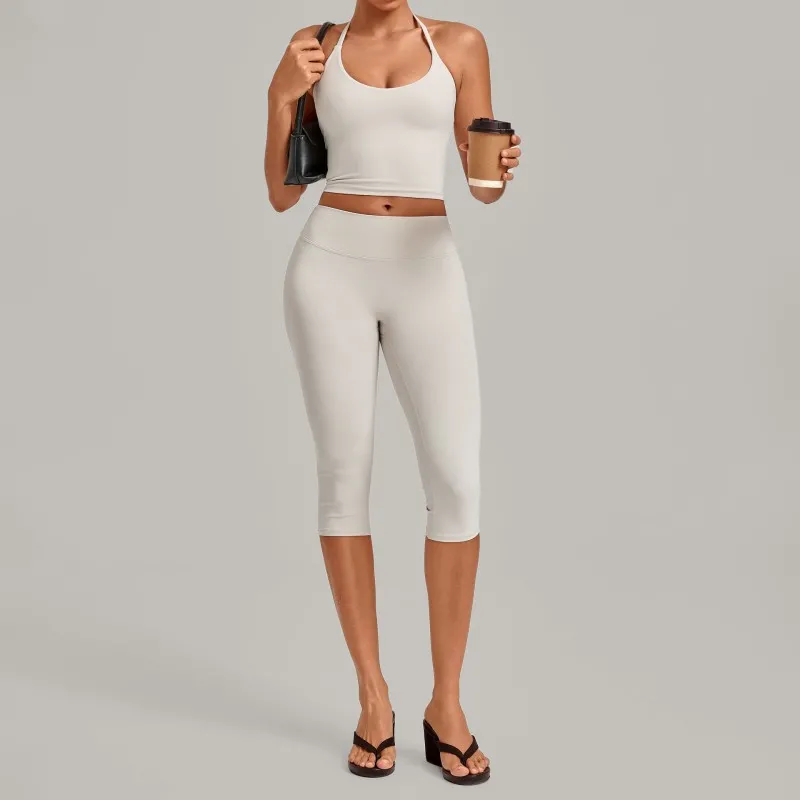 Conjuntos de entrenamiento de 2 piezas para mujer: camisetas deportivas para correr y leggings de cintura alta de 3/4 de largo para yoga (FGB2712+4665)