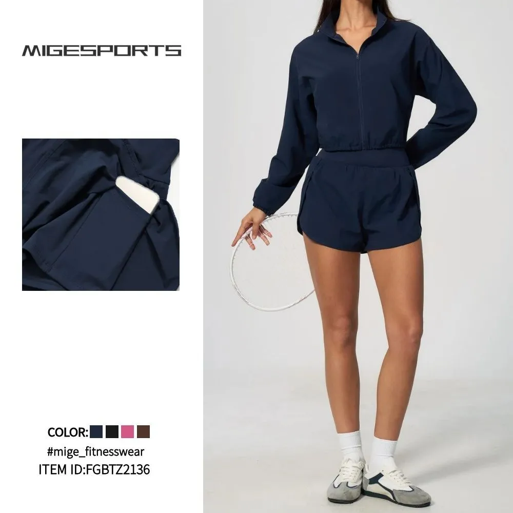 Conjuntos de chaqueta y shorts deportivos holgados de manga larga con cremallera frontal para entrenamiento al por mayor, yoga, gimnasio, mujer, running, FGBTZ2136