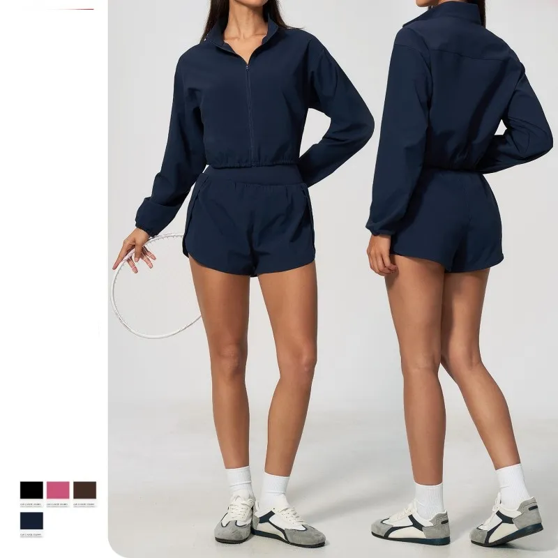 Conjuntos de chaqueta y shorts deportivos holgados de manga larga con cremallera frontal para entrenamiento al por mayor, yoga, gimnasio, mujer, running, FGBTZ2136