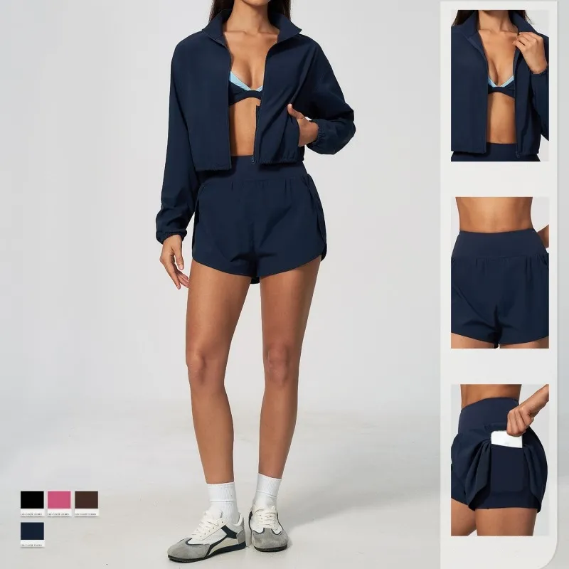 Conjuntos de chaqueta y shorts deportivos holgados de manga larga con cremallera frontal para entrenamiento al por mayor, yoga, gimnasio, mujer, running, FGBTZ2136