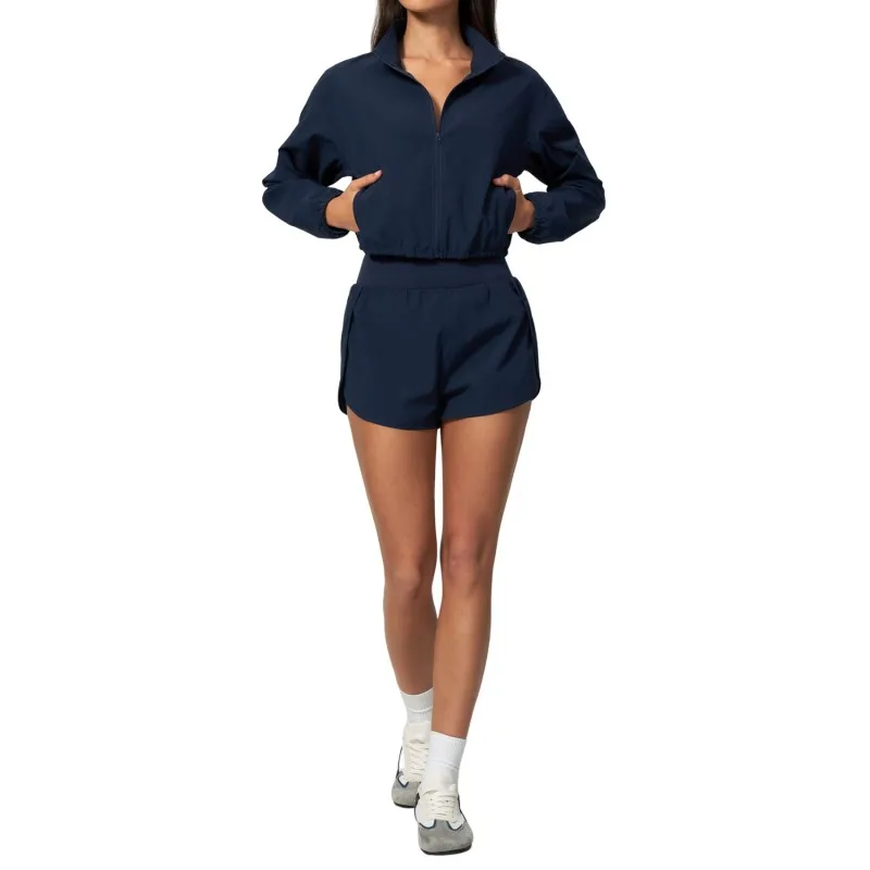 Conjuntos de chaqueta y shorts deportivos holgados de manga larga con cremallera frontal para entrenamiento al por mayor, yoga, gimnasio, mujer, running, FGBTZ2136