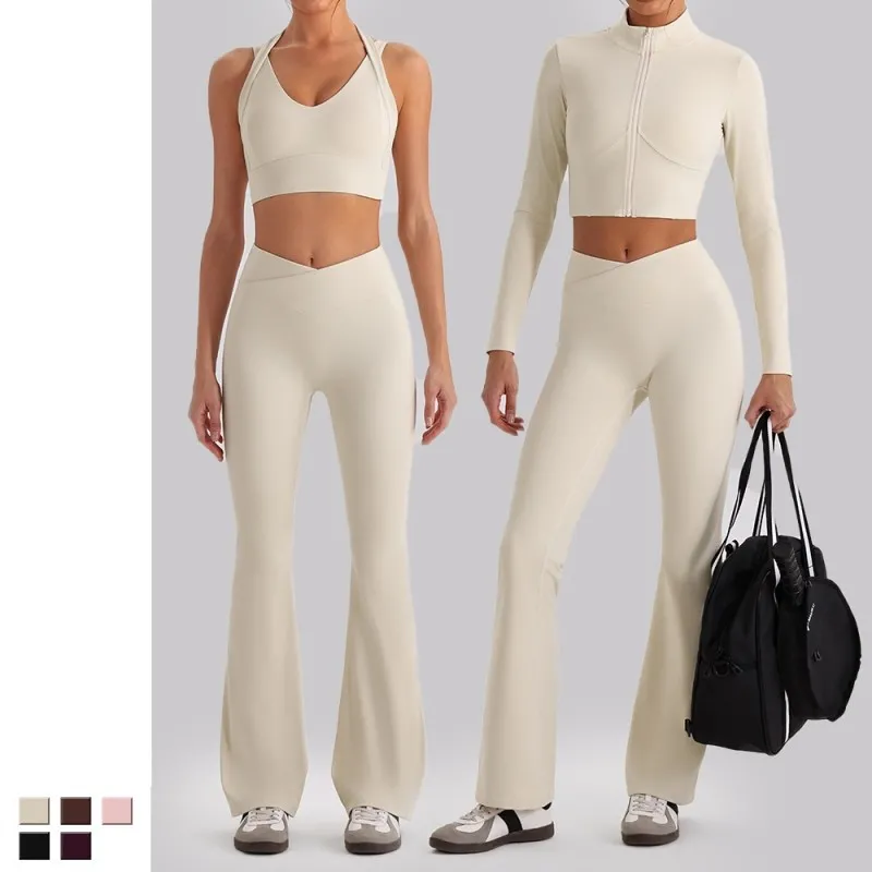 Conjunto de ropa deportiva para gimnasio, ropa de yoga, sujetador, chaqueta, top corto ajustado, traje casual de fitness para mujer, conjuntos de yoga FGBYW610+YW612+KW473