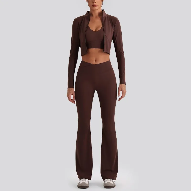 Conjunto de ropa deportiva para gimnasio, ropa de yoga, sujetador, chaqueta, top corto ajustado, traje casual de fitness para mujer, conjuntos de yoga FGBYW610+YW612+KW473