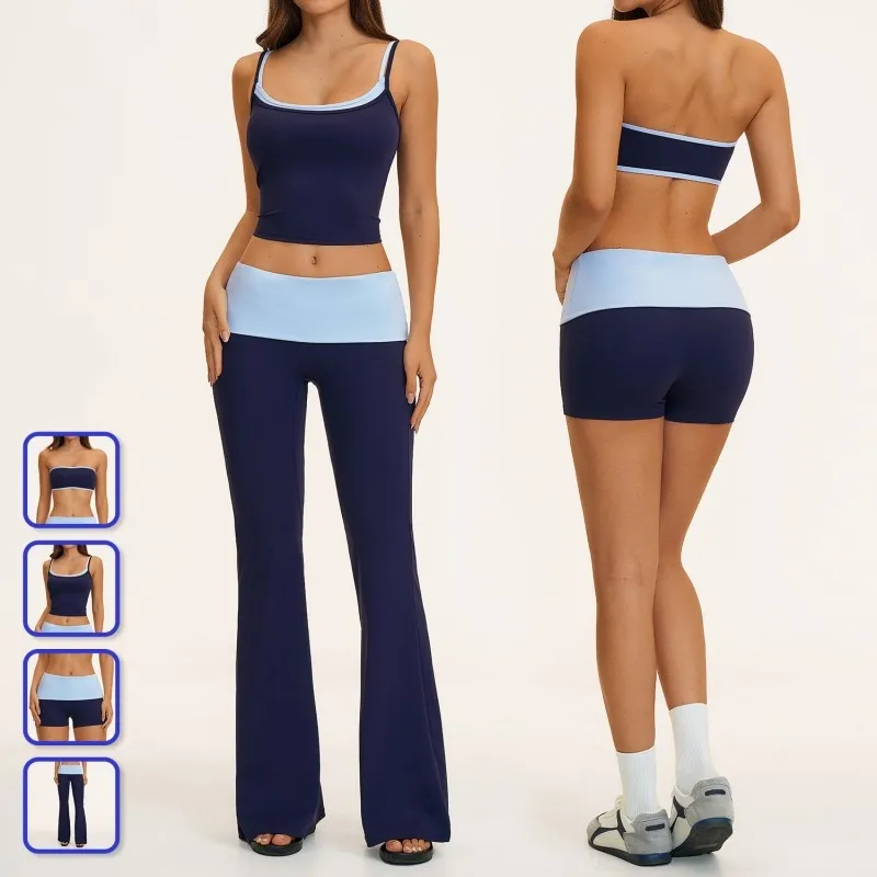 Nuevos productos: Top sin mangas, shorts, leggings acampanados, conjuntos de yoga de 4 piezas, ropa deportiva de nailon para mujer, conjuntos de entrenamiento para mujer FGBTZ2570