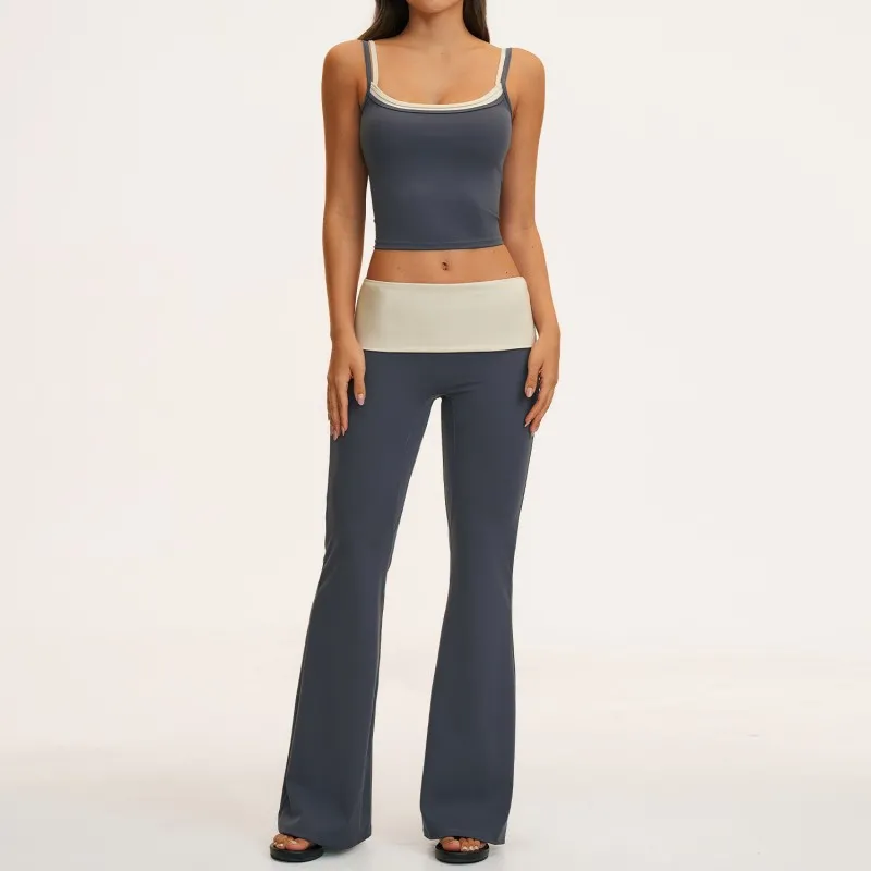 Nuevos productos: Top sin mangas, shorts, leggings acampanados, conjuntos de yoga de 4 piezas, ropa deportiva de nailon para mujer, conjuntos de entrenamiento para mujer FGBTZ2570