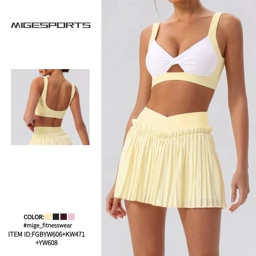 Conjunto de falda y vestido de yoga transpirable y agradable para la piel, ideal para yoga, tenis, golf, actividades al aire libre, entrenamiento físico y running (FGBYW606+KW471+YW608)
