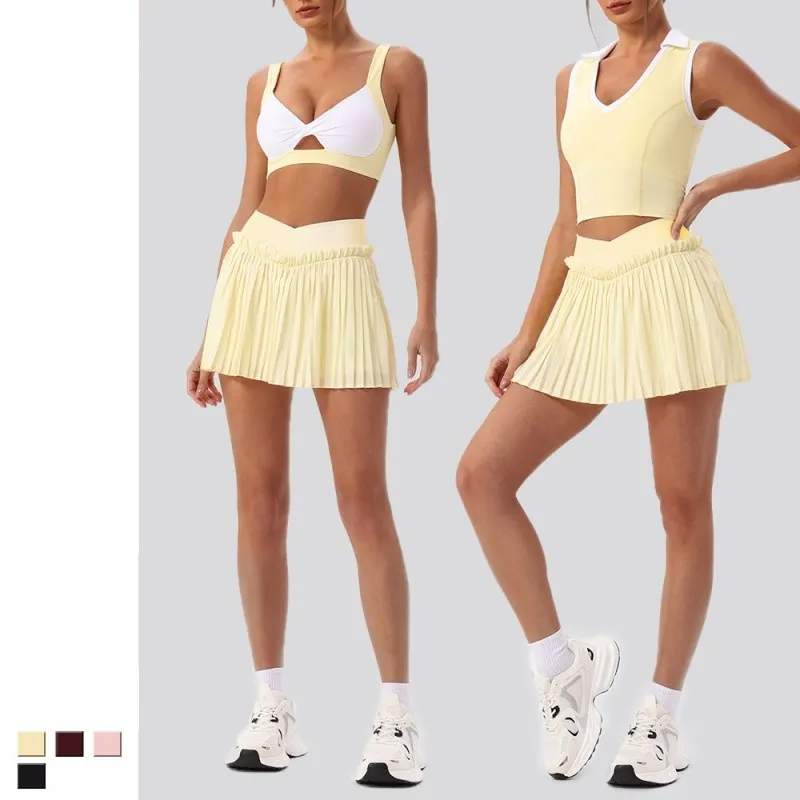 Conjunto de falda y vestido de yoga transpirable y agradable para la piel, ideal para yoga, tenis, golf, actividades al aire libre, entrenamiento físico y running (FGBYW606+KW471+YW608)