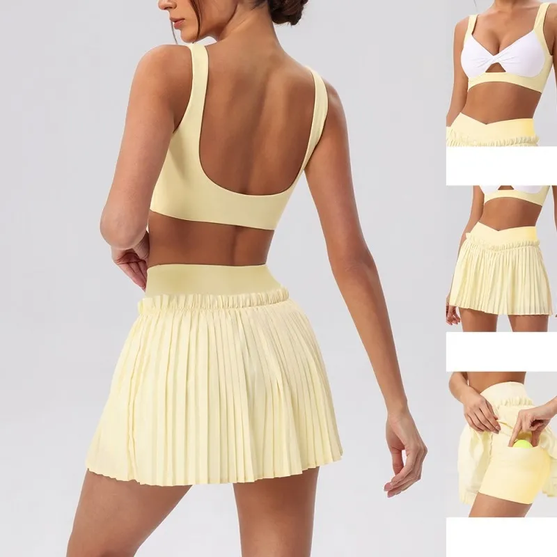Conjunto de falda y vestido de yoga transpirable y agradable para la piel, ideal para yoga, tenis, golf, actividades al aire libre, entrenamiento físico y running (FGBYW606+KW471+YW608)