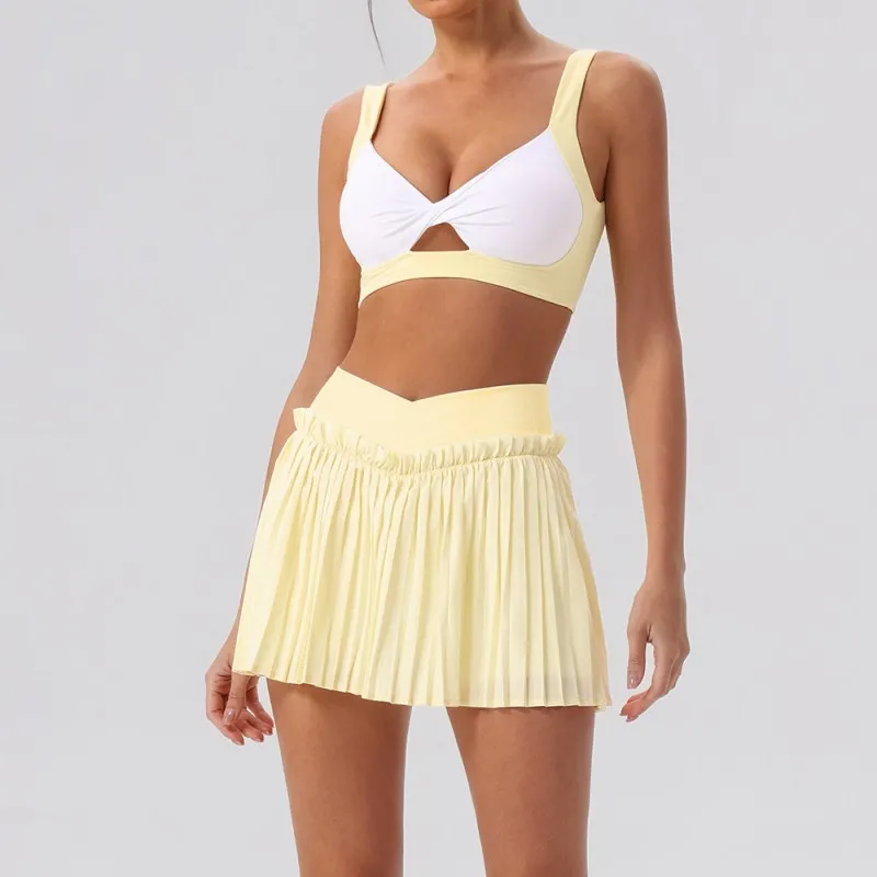 Conjunto de falda y vestido de yoga transpirable y agradable para la piel, ideal para yoga, tenis, golf, actividades al aire libre, entrenamiento físico y running (FGBYW606+KW471+YW608)