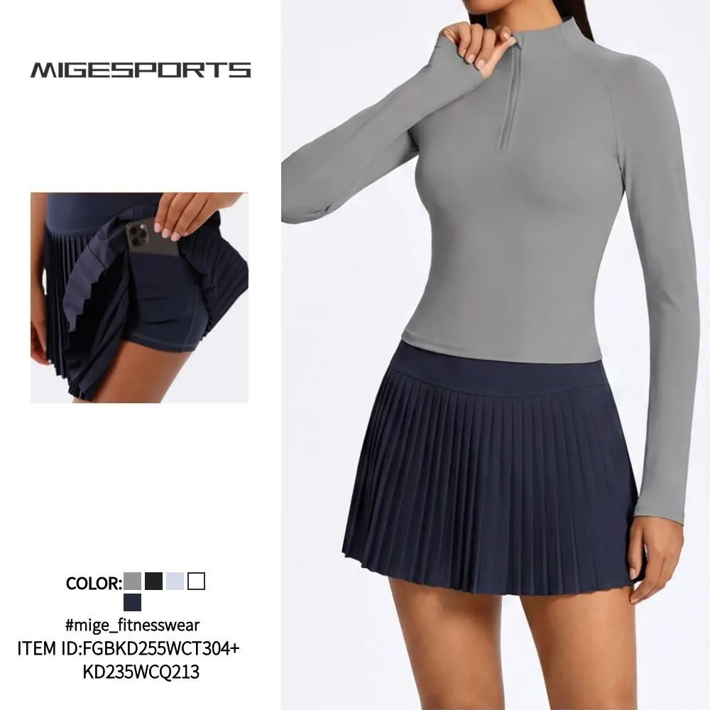 Conjunto de dos piezas de falda de tenis de manga larga para mujer, ropa deportiva para fitness y yoga FGBKD255WCT304+KD235WCQ213