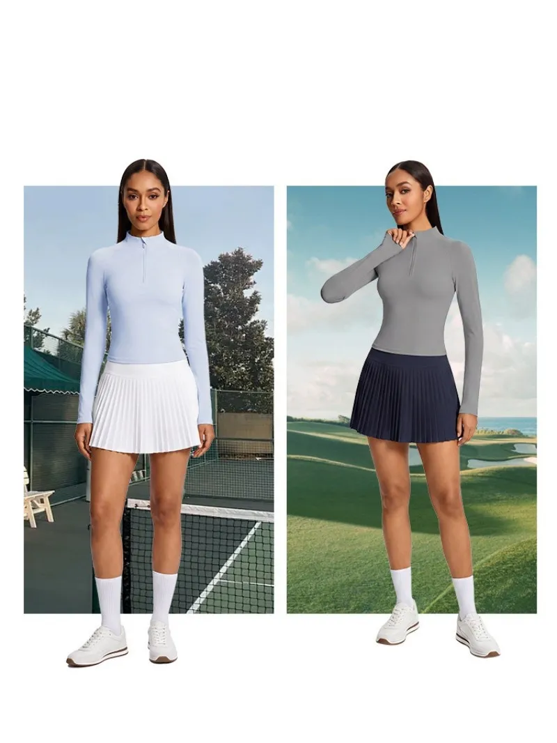 Conjunto de dos piezas de falda de tenis de manga larga para mujer, ropa deportiva para fitness y yoga FGBKD255WCT304+KD235WCQ213