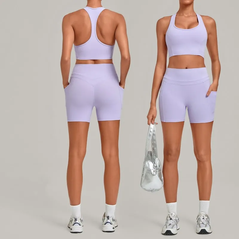 Conjunto de ropa de yoga para mujer de color liso y secado rápido: sujetador deportivo y shorts para deportes al aire libre FGB5293+2116