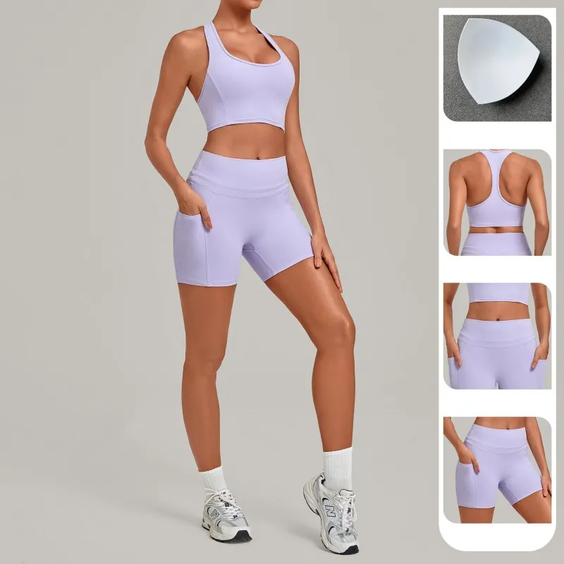 Conjunto de ropa de yoga para mujer de color liso y secado rápido: sujetador deportivo y shorts para deportes al aire libre FGB5293+2116