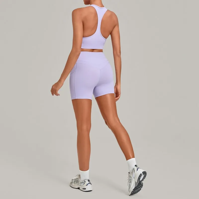 Conjunto de ropa de yoga para mujer de color liso y secado rápido: sujetador deportivo y shorts para deportes al aire libre FGB5293+2116