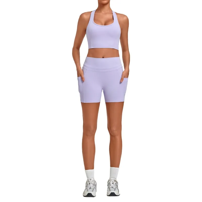Conjunto de ropa de yoga para mujer de color liso y secado rápido: sujetador deportivo y shorts para deportes al aire libre FGB5293+2116