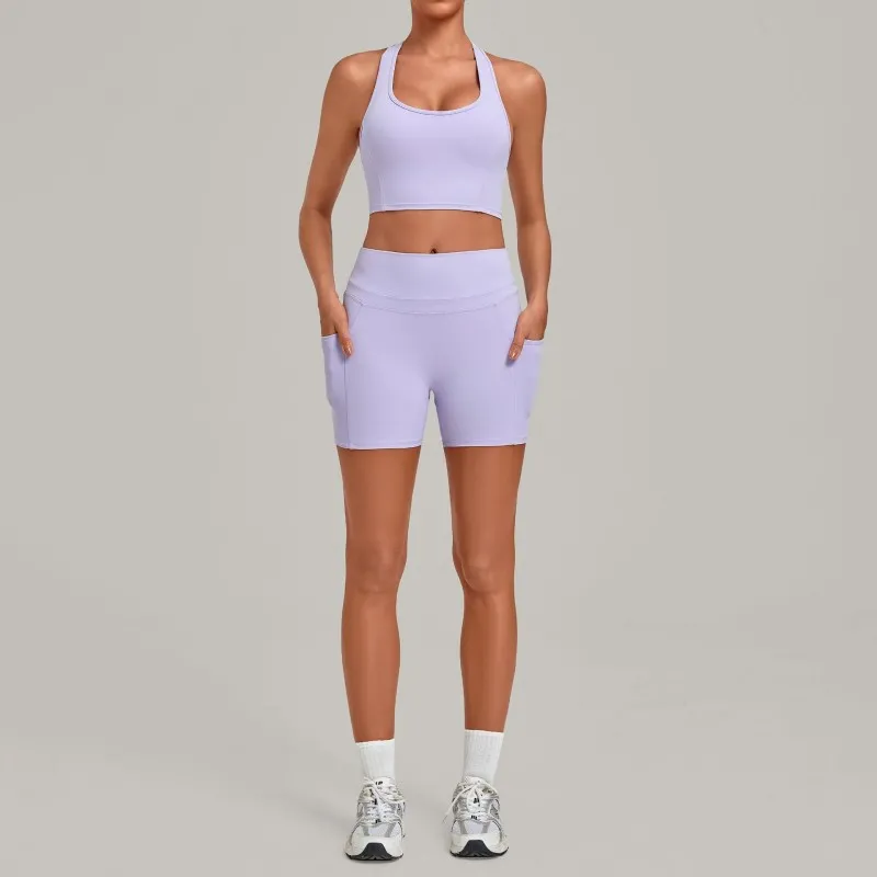 Conjunto de ropa de yoga para mujer de color liso y secado rápido: sujetador deportivo y shorts para deportes al aire libre FGB5293+2116