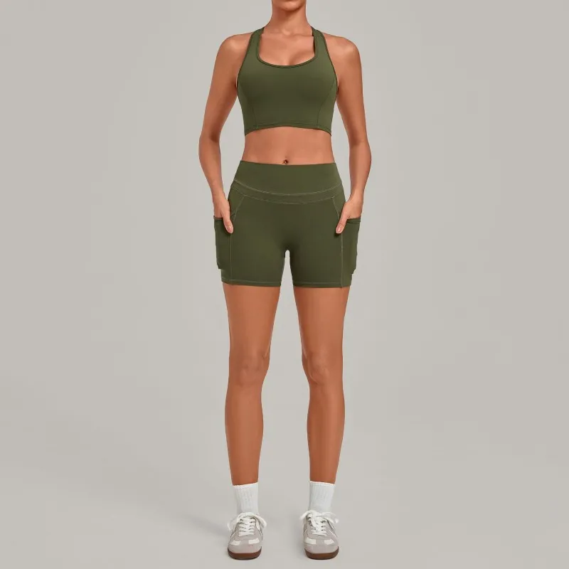 Conjunto de ropa de yoga para mujer de color liso y secado rápido: sujetador deportivo y shorts para deportes al aire libre FGB5293+2116