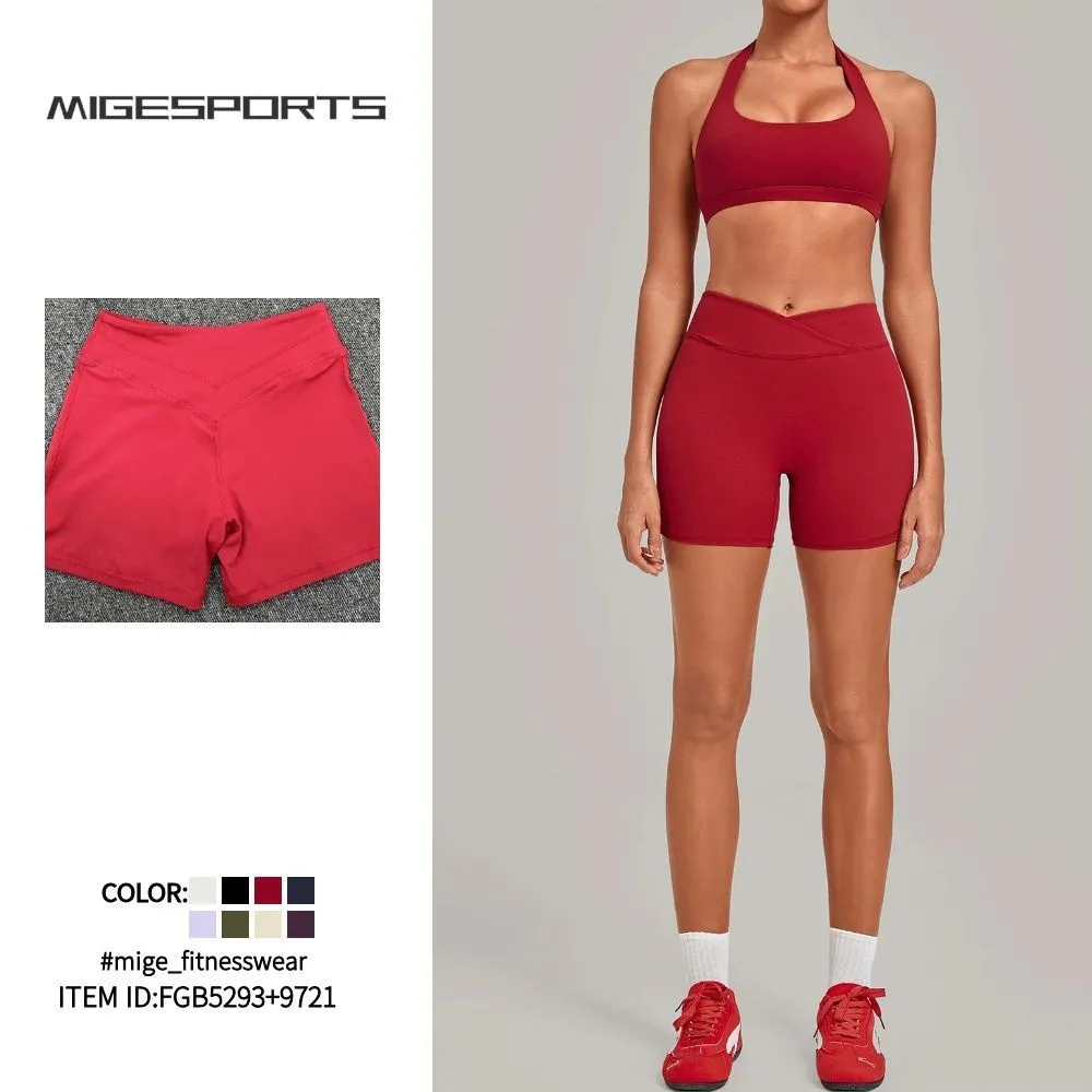 Sujetador deportivo con cuello halter elástico, shorts de fitness con cintura cruzada, ropa de yoga, conjunto liso transpirable FGB5423+9721