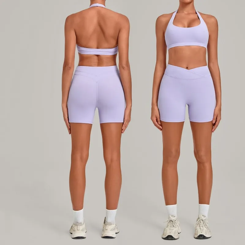 Sujetador deportivo con cuello halter elástico, shorts de fitness con cintura cruzada, ropa de yoga, conjunto liso transpirable FGB5423+9721