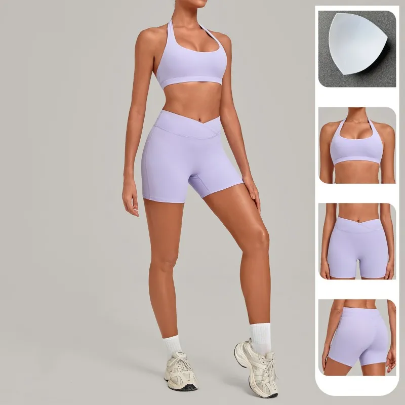 Sujetador deportivo con cuello halter elástico, shorts de fitness con cintura cruzada, ropa de yoga, conjunto liso transpirable FGB5423+9721
