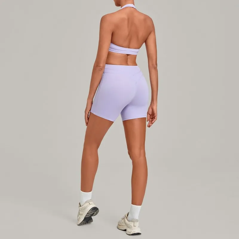 Sujetador deportivo con cuello halter elástico, shorts de fitness con cintura cruzada, ropa de yoga, conjunto liso transpirable FGB5423+9721