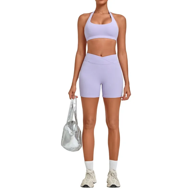 Sujetador deportivo con cuello halter elástico, shorts de fitness con cintura cruzada, ropa de yoga, conjunto liso transpirable FGB5423+9721
