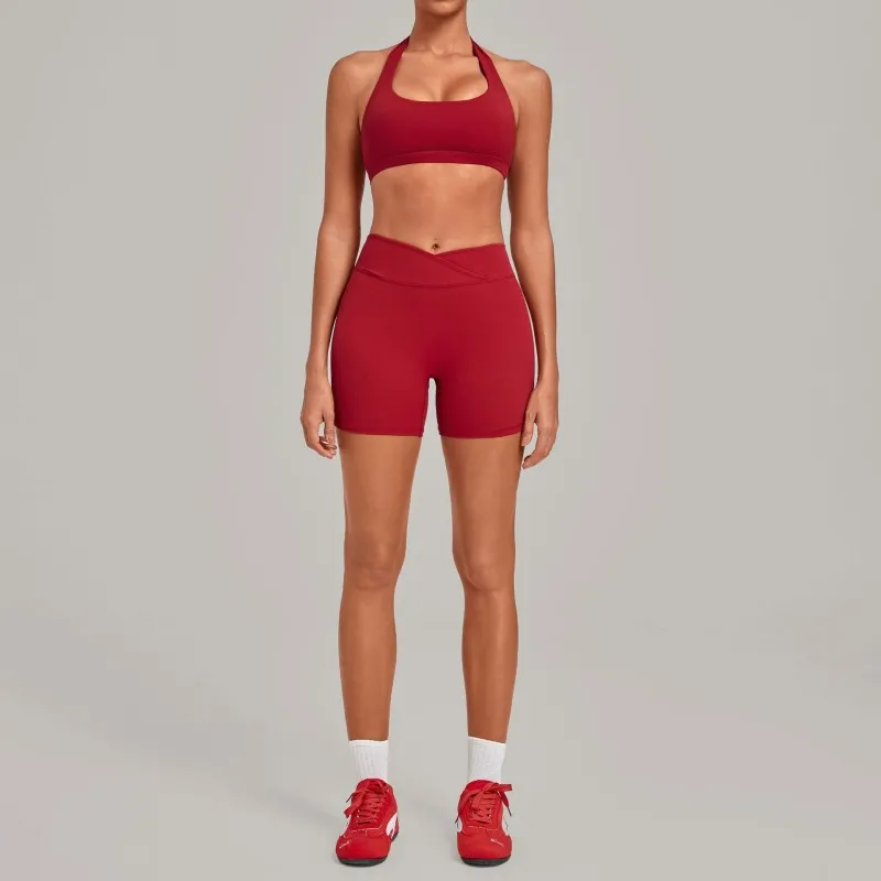 Sujetador deportivo con cuello halter elástico, shorts de fitness con cintura cruzada, ropa de yoga, conjunto liso transpirable FGB5423+9721