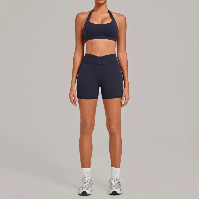 Sujetador deportivo con cuello halter elástico, shorts de fitness con cintura cruzada, ropa de yoga, conjunto liso transpirable FGB5423+9721