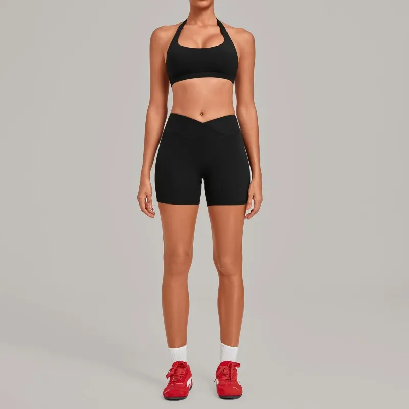 Sujetador deportivo con cuello halter elástico, shorts de fitness con cintura cruzada, ropa de yoga, conjunto liso transpirable FGB5423+9721