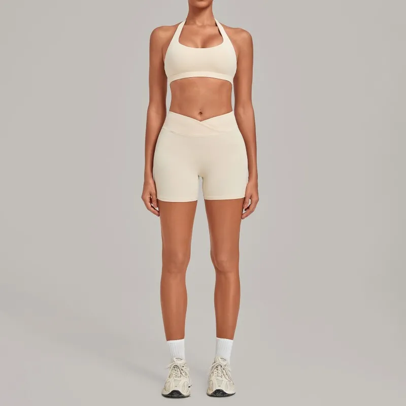 Sujetador deportivo con cuello halter elástico, shorts de fitness con cintura cruzada, ropa de yoga, conjunto liso transpirable FGB5423+9721