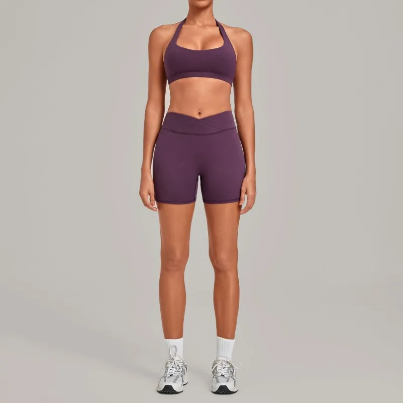 Sujetador deportivo con cuello halter elástico, shorts de fitness con cintura cruzada, ropa de yoga, conjunto liso transpirable FGB5423+9721