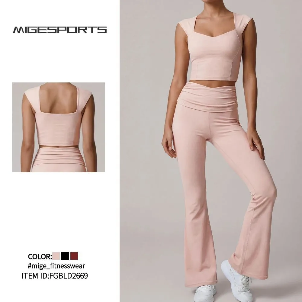 Conjunto de ropa deportiva de nailon acampanada de secado rápido para mujer, ideal para yoga, gimnasio o cualquier actividad física (FGBLD2669)
