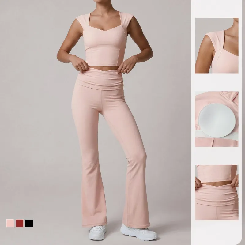 Conjunto de ropa deportiva de nailon acampanada de secado rápido para mujer, ideal para yoga, gimnasio o cualquier actividad física (FGBLD2669)