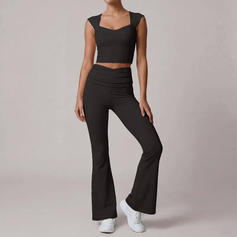 Conjunto de ropa deportiva de nailon acampanada de secado rápido para mujer, ideal para yoga, gimnasio o cualquier actividad física (FGBLD2669)
