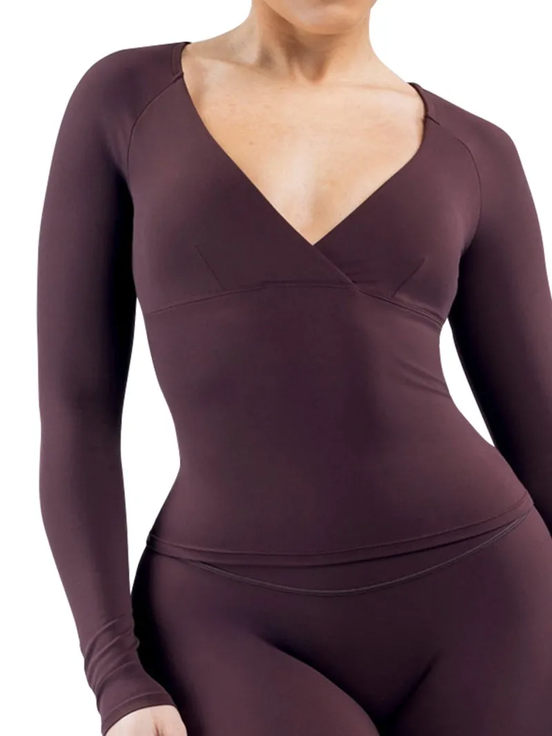 Camiseta deportiva informal de manga larga con escote en V profundo para mujer, ideal para entrenamientos y pilates (FGBRXW3013)