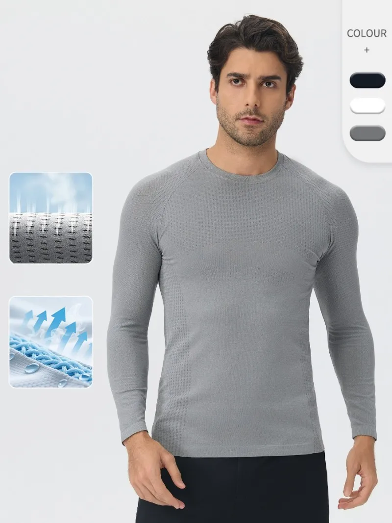 Camiseta de manga larga sin costuras para hombre, ideal para correr y hacer ejercicio (modelo EFGBYEL-L56)