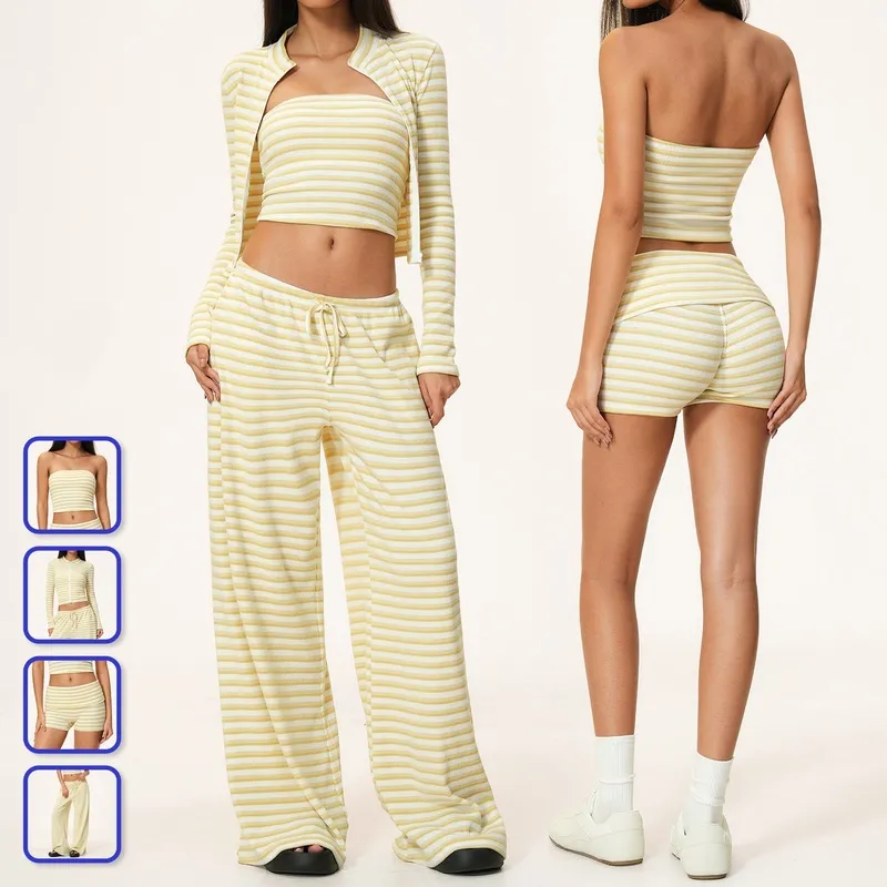 Conjunto de fitness para mujer de 4 piezas para yoga y entrenamiento, a rayas y en colores en contraste (FGBTZ4556)