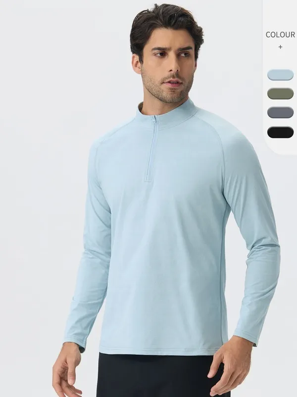 Sudadera deportiva casual para hombre de manga larga, secado rápido y media cremallera, color liso (EFGBYEL-61530)
