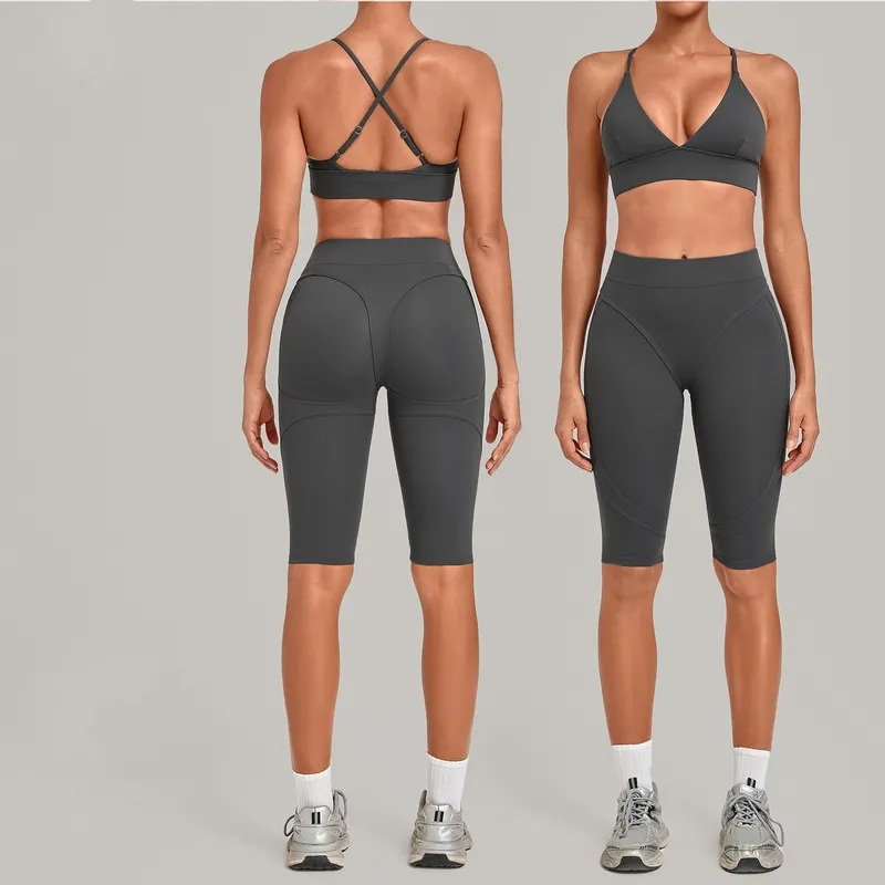 Conjunto de yoga sexy y cómodo para mujer: top transpirable y leggings de cintura elástica (espalda descubierta) FGBQS1358+3729