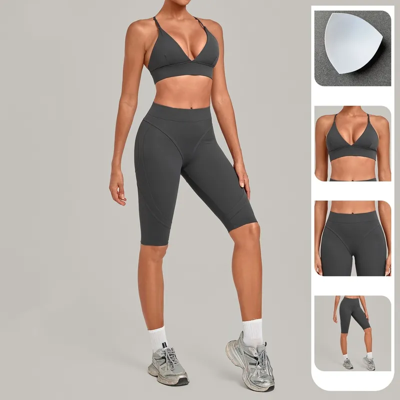 Conjunto de yoga sexy y cómodo para mujer: top transpirable y leggings de cintura elástica (espalda descubierta) FGBQS1358+3729