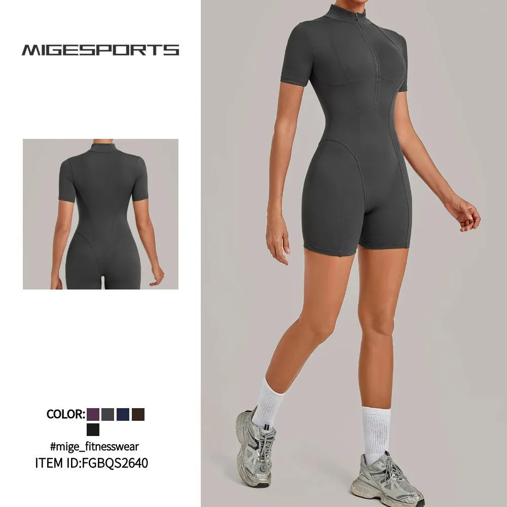 Enterizo de yoga para mujer con control de abdomen, manga corta y cremallera frontal (modelo FGBQS2640)