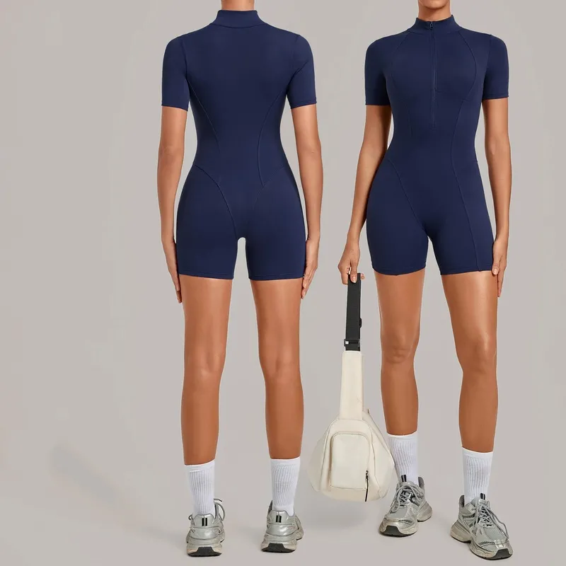 Enterizo de yoga para mujer con control de abdomen, manga corta y cremallera frontal (modelo FGBQS2640)