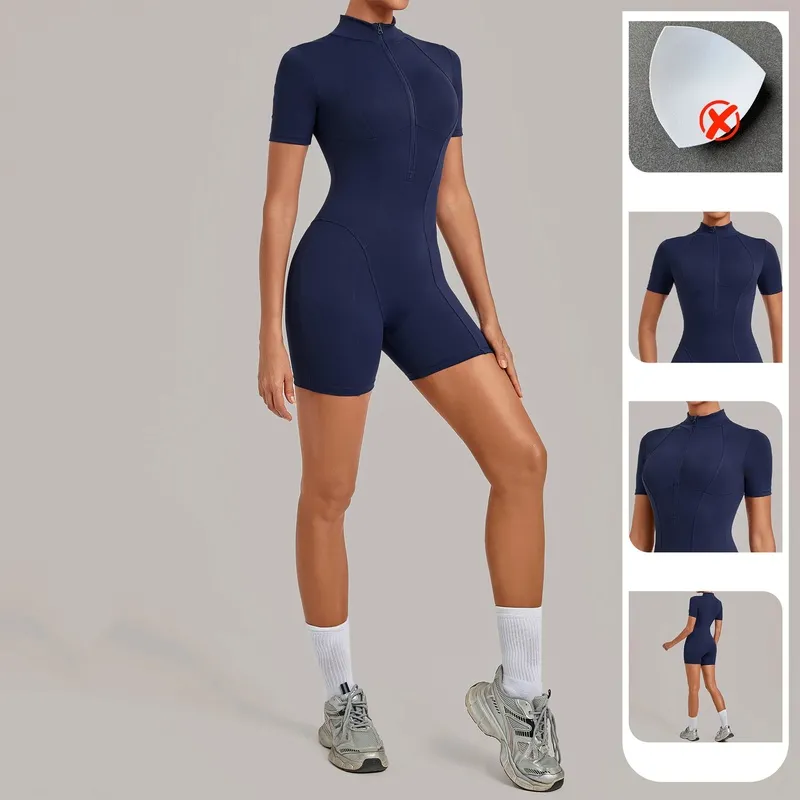 Enterizo de yoga para mujer con control de abdomen, manga corta y cremallera frontal (modelo FGBQS2640)