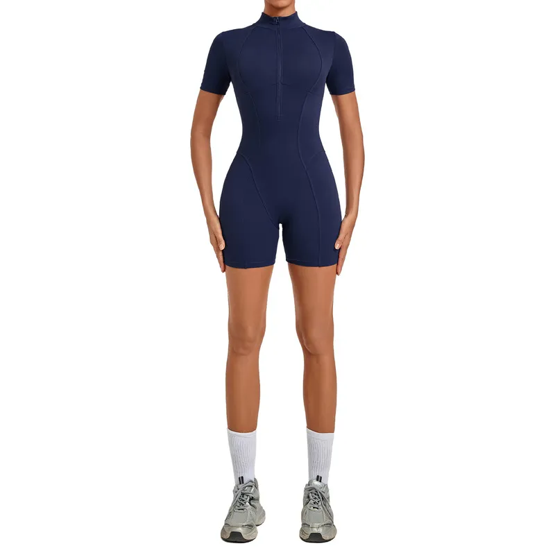 Enterizo de yoga para mujer con control de abdomen, manga corta y cremallera frontal (modelo FGBQS2640)
