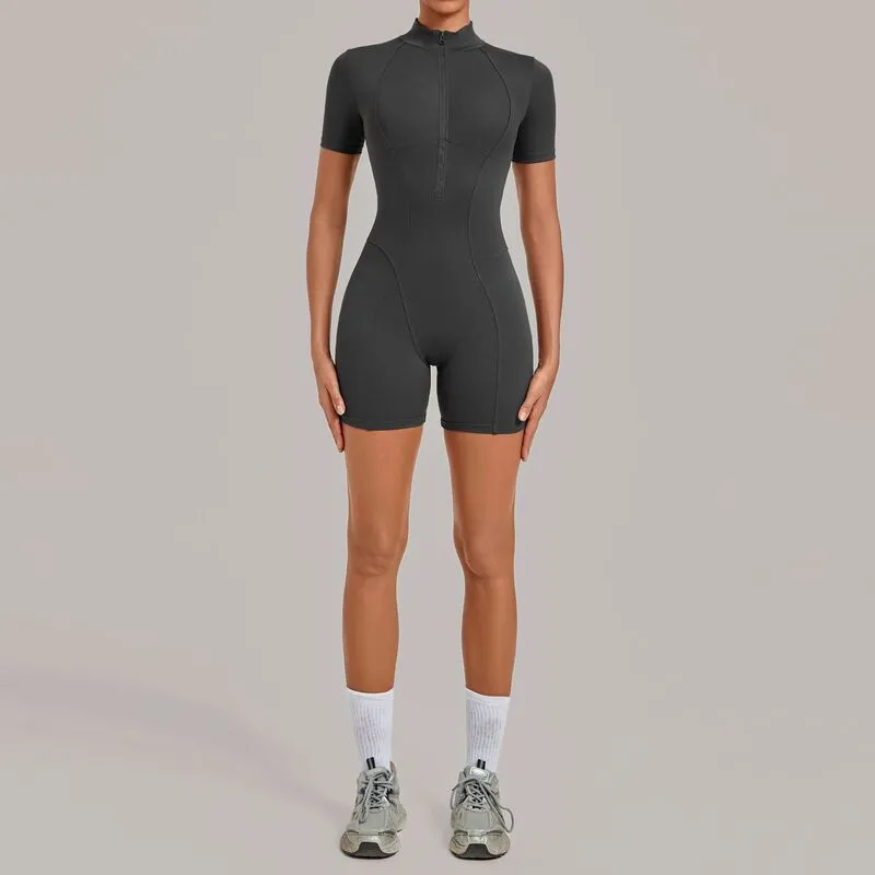 Enterizo de yoga para mujer con control de abdomen, manga corta y cremallera frontal (modelo FGBQS2640)